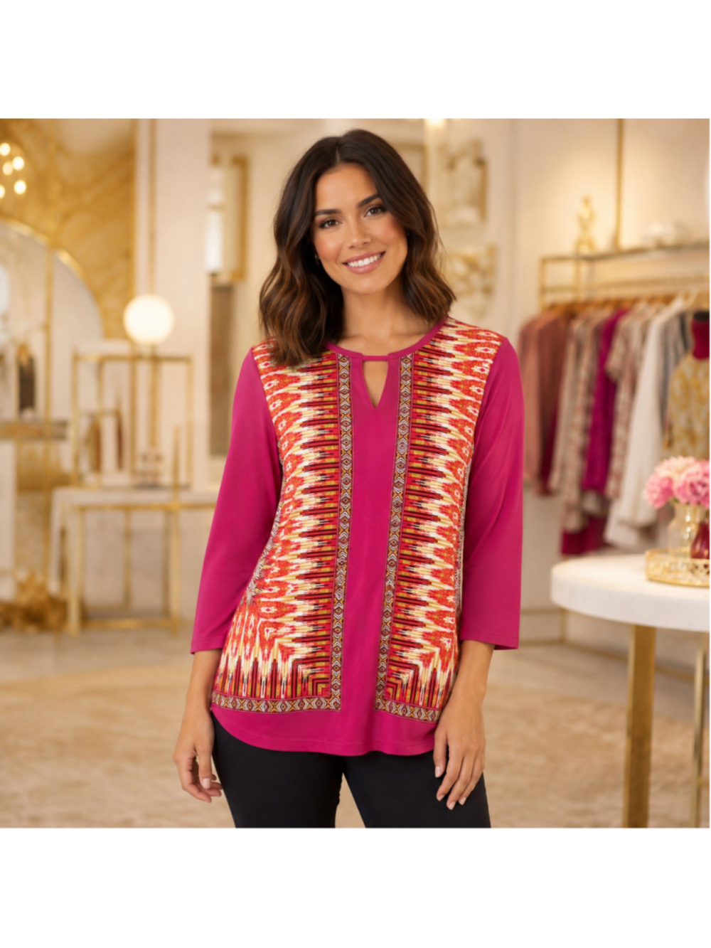 Women's Ruby Rd. Tunic Top Size M Fuchsia Red Patterned Long Sleeve